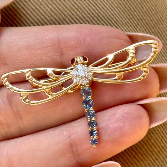 Vintage yellow 14K approx .35 ctw sapphire, ruby and .11 ctw diamond dragonfly pendant pin-gallery-56500598931771