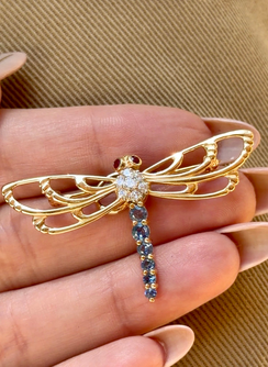Vintage yellow 14K approx .35 ctw sapphire, ruby and .11 ctw diamond dragonfly pendant pin