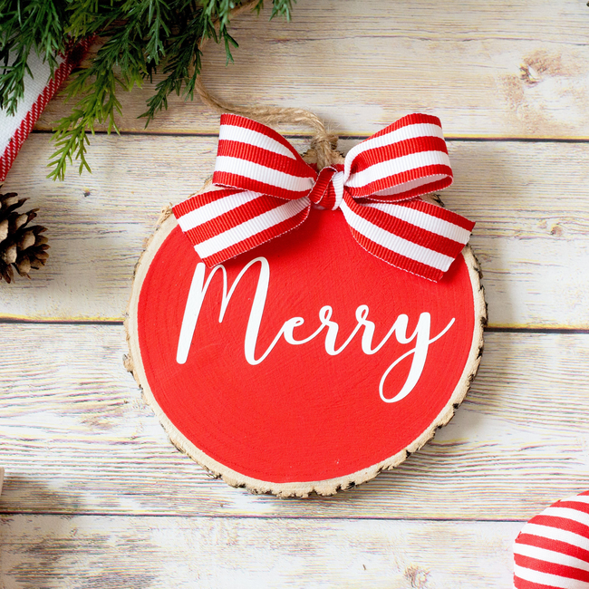 Christmas Ornaments Set Peace Joy Merry | Red White Wood Slices  - Set of 3-gallery-28553422929990