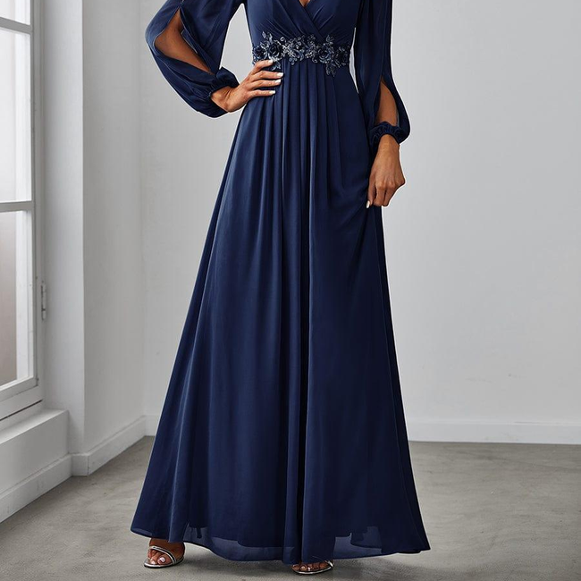 ever AMOUR|Elegant Chiffon V-Neckline Long Sleeve Formal Evening Dress-gallery-30176972603466