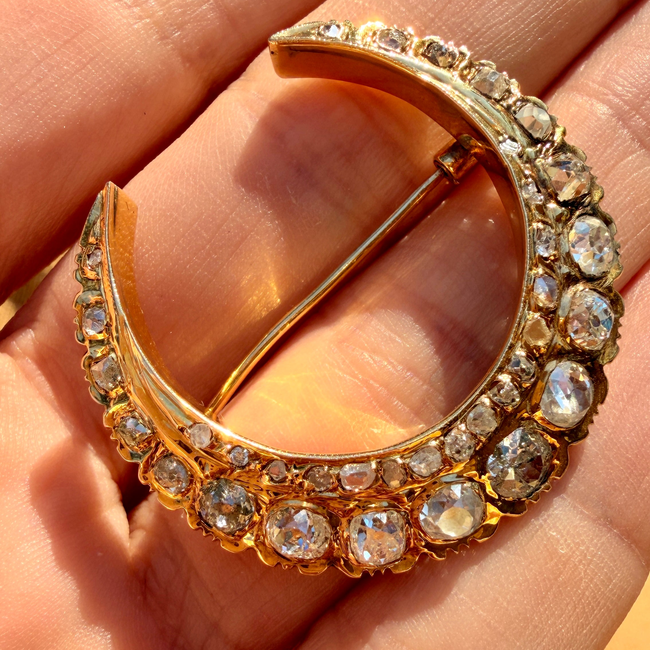 Antique yellow 18K crescent brooch with 2.6ctw of diamonds-gallery-57167729230139