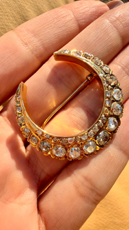 Antique yellow 18K crescent brooch with 2.6ctw of diamonds