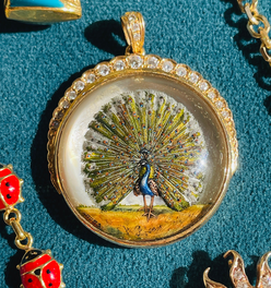 Amazing antique 18K reverse painted Peacock crystal with .7 ctw diamond crescent