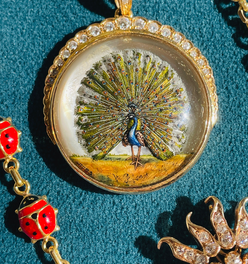 Amazing antique 18K reverse painted Peacock crystal with .7 ctw diamond crescent