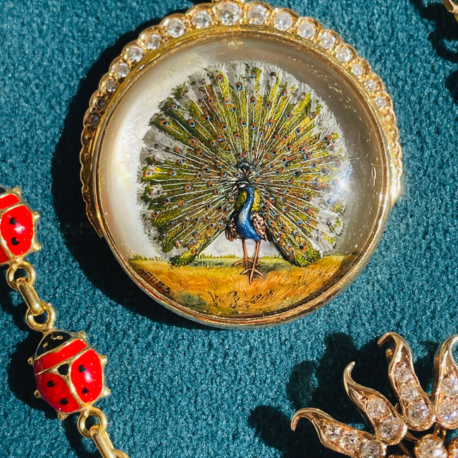 Amazing antique 18K reverse painted Peacock crystal with .7 ctw diamond crescent-gallery-49155972170043