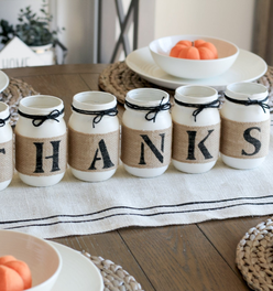Thanksgiving Decor Table Centerpiece Painted Mason Jars THANKS