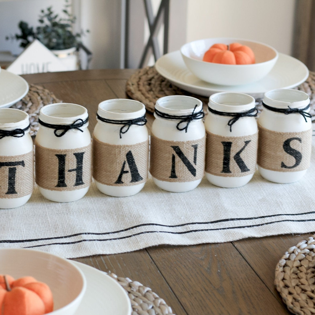 Thanksgiving Decor Table Centerpiece Painted Mason Jars THANKS-gallery-13367371825222