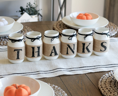 Thanksgiving Decor Table Centerpiece Painted Mason Jars THANKS