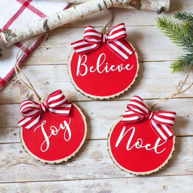 Farmhouse Christmas Ornaments Set of 3 | Red White Wood Slices - Believe Noel Joy-gallery-14606338228294