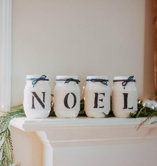 Rustic Christmas Mantel Decor in White and Blue NOEL - One Sided