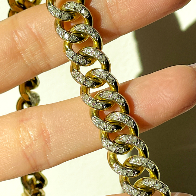 Vintage yellow solid 18K gold round approx 4 ctw old cut diamond curb bracelet with double side safe-gallery-51312276472123