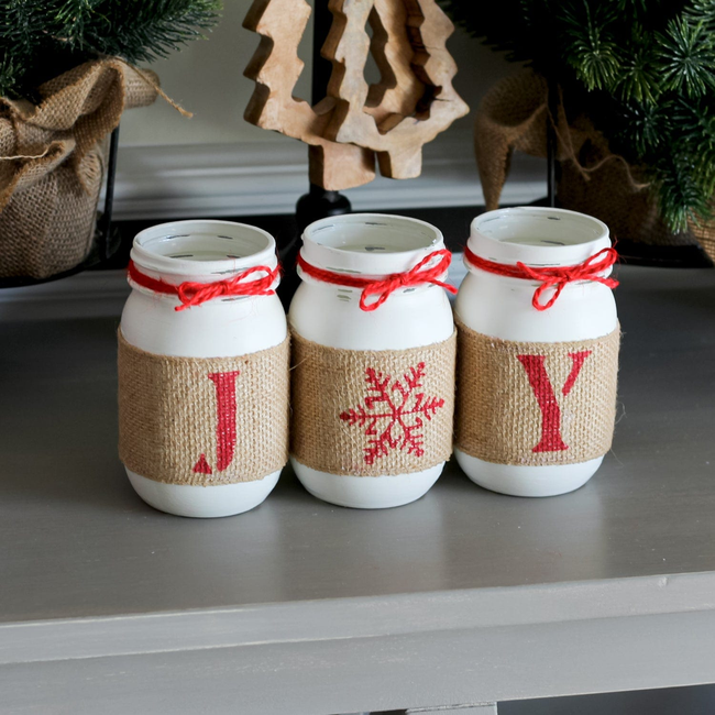 Christmas Table Decor JOY Mason Jar Set - White Red-gallery-14176367083590