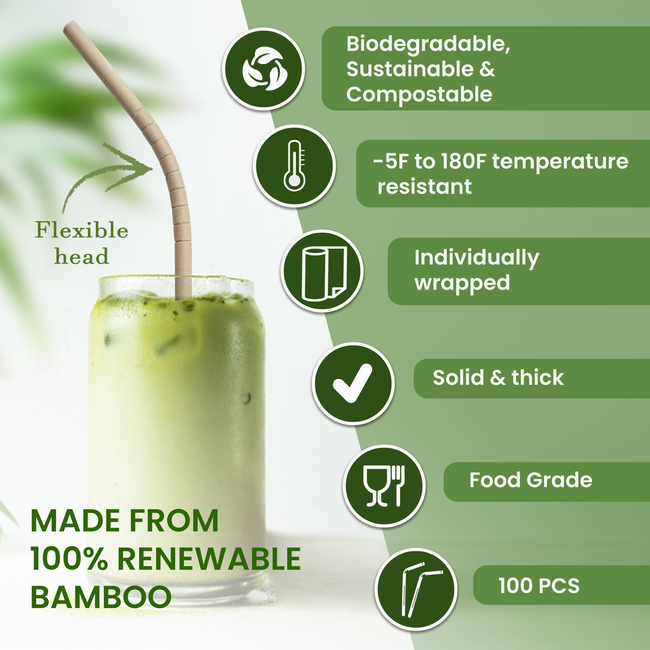 BOONBOO Bamboo Drinking Straws | Individually Wrapped | Bendable Head | Biodegradable & Compostable -gallery-29021724967021