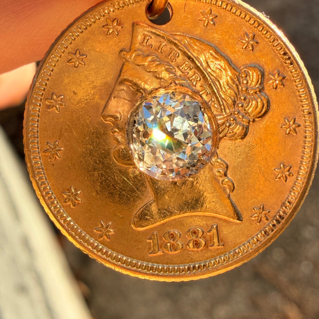 Antique yellow 21K gold 1881 $5 US Liberty coin with approx 1.1 ctw old mine cut diamond pendant-gallery-57083582513467