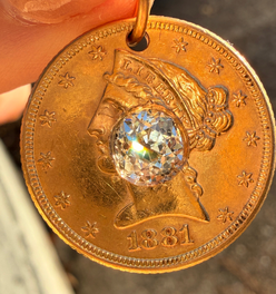 Antique yellow 21K gold 1881 $5 US Liberty coin with approx 1.1 ctw old mine cut diamond pendant