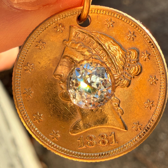 Antique yellow 21K gold 1881 $5 US Liberty coin with approx 1.1 ctw old mine cut diamond pendant-gallery-57083582513467