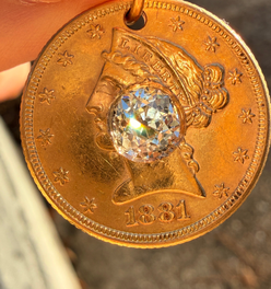 Antique yellow 21K gold 1881 $5 US Liberty coin with approx 1.1 ctw old mine cut diamond pendant