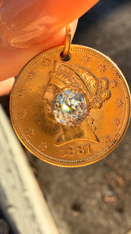 Antique yellow 21K gold 1881 $5 US Liberty coin with approx 1.1 ctw old mine cut diamond pendant