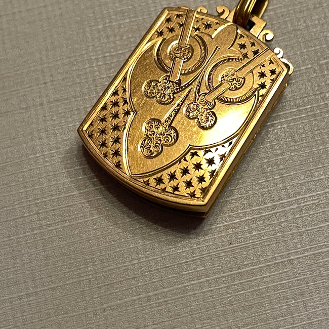 Antique warm yellow 18K engraved celestial shield locket pendant-gallery-55385685885243