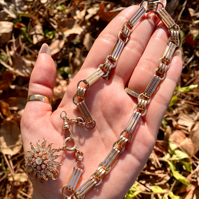 Antique rosy yellow 10K wide bar link watch chain, 16 inch-gallery-49155664052539