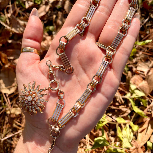 Antique rosy yellow 10K wide bar link watch chain, 16 inch-gallery-49155664052539