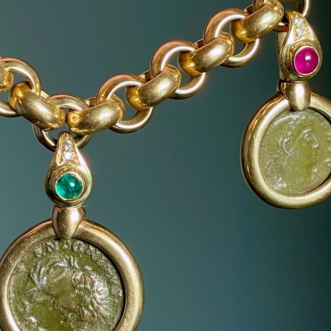 Vintage yellow 18K convertible gemstone and coin necklace, 16.25 inch-gallery-50018000077115