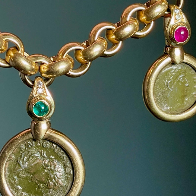 Vintage yellow 18K convertible gemstone and coin necklace, 16.25 inch-gallery-50018000077115