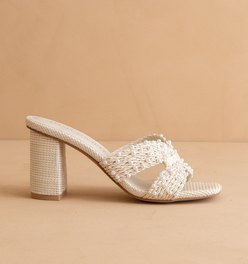 The Tiara | White Pearl Embroidered Raffia Block Heel