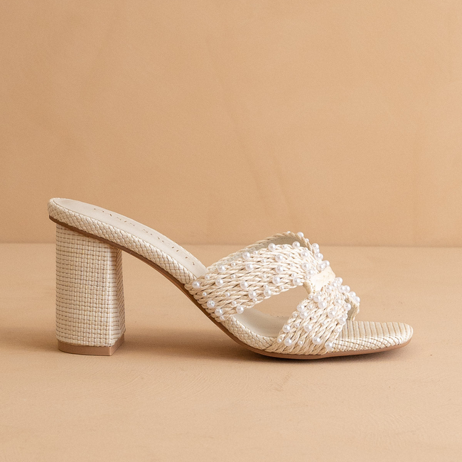 The Tiara | White Pearl Embroidered Raffia Block Heel-gallery-42327204167857