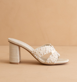 The Tiara | White Pearl Embroidered Raffia Block Heel