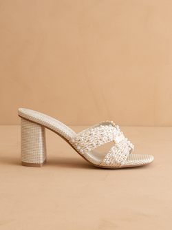 The Tiara | White Pearl Embroidered Raffia Block Heel