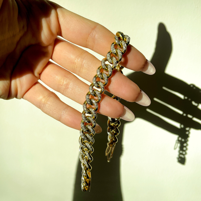 Vintage yellow solid 18K gold round approx 4 ctw old cut diamond curb bracelet with double side safe-gallery-51312276504891