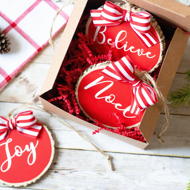 Farmhouse Christmas Ornaments Set of 3 | Red White Wood Slices - Believe Noel Joy-gallery-14606340063302