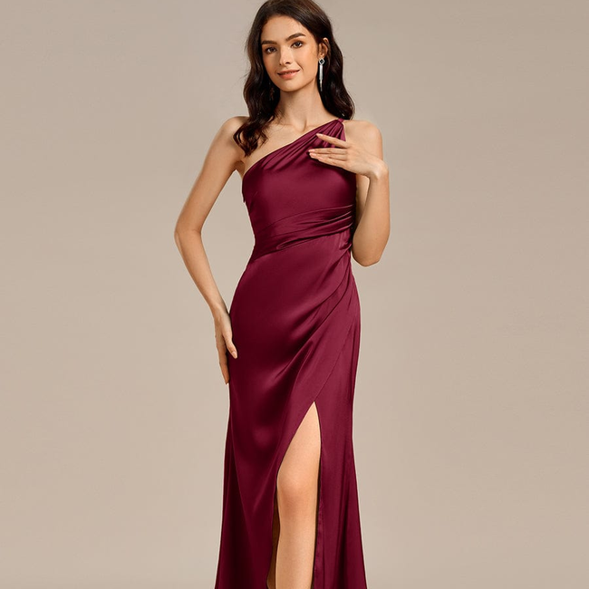 ever REIKO|Satin One Shoulder Ruched Side Split Mermaid Bridesmaid Dress-gallery-33405456023626