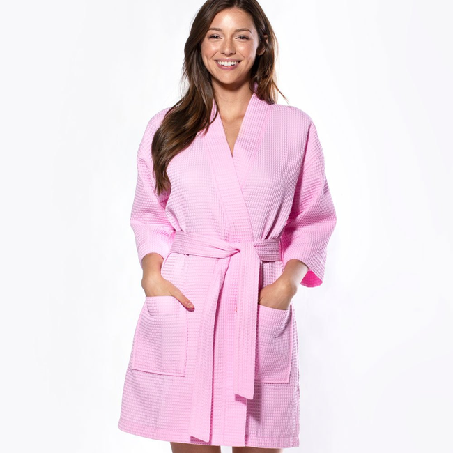 Waffle Kimono Pink Short Robe Square Pattern-gallery-46194276991235