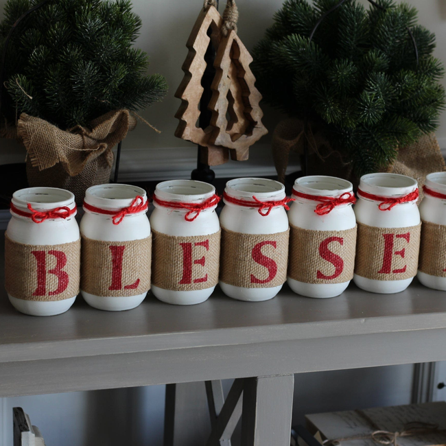 Christmas Decor Blessed Mason Jar Table Centerpiece - White Red - One Sided-gallery-14176400605254