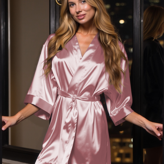 Pink Satin Kimono Short Robe-gallery-48517610930435