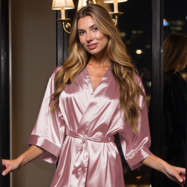Pink Satin Kimono Short Robe-gallery-48517610930435