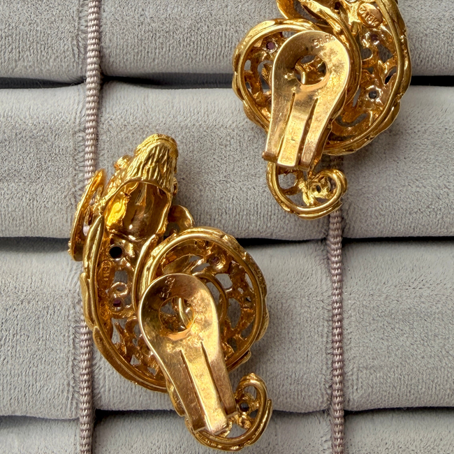 Vintage circa 1960s yellow 18K approx .6ctw sapphire and ruby ram clip statement earrings-gallery-56906658840891