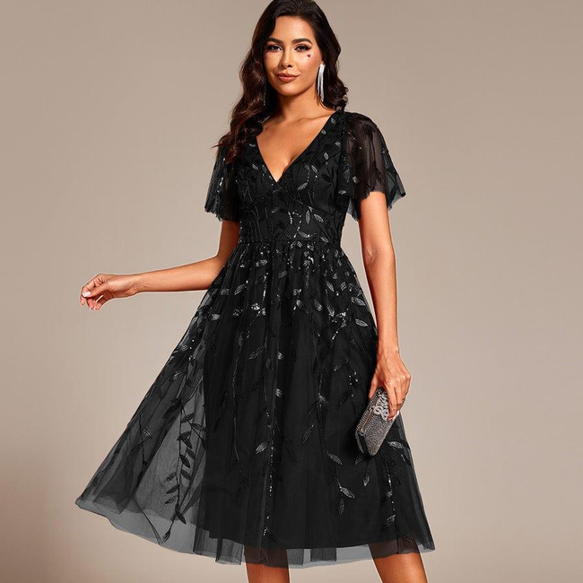 ever SIMONE|Short Sleeves Leaf Sequin A-Line Midi Formal Wedding Guest Dress-gallery-31819990073418