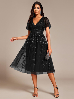 ever SIMONE|Short Sleeves Leaf Sequin A-Line Midi Formal Wedding Guest Dress