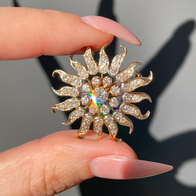 Amazing antique 1.6 ctw old euro/old cut diamond 14K Sun pendant/pin-gallery-49155744366907