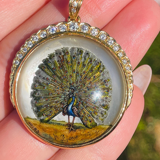 Amazing antique 18K reverse painted Peacock crystal with .7 ctw diamond crescent-gallery-49155972301115