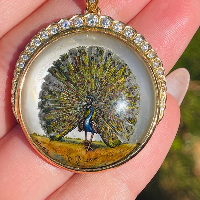 Amazing antique 18K reverse painted Peacock crystal with .7 ctw diamond crescent-gallery-49155972301115