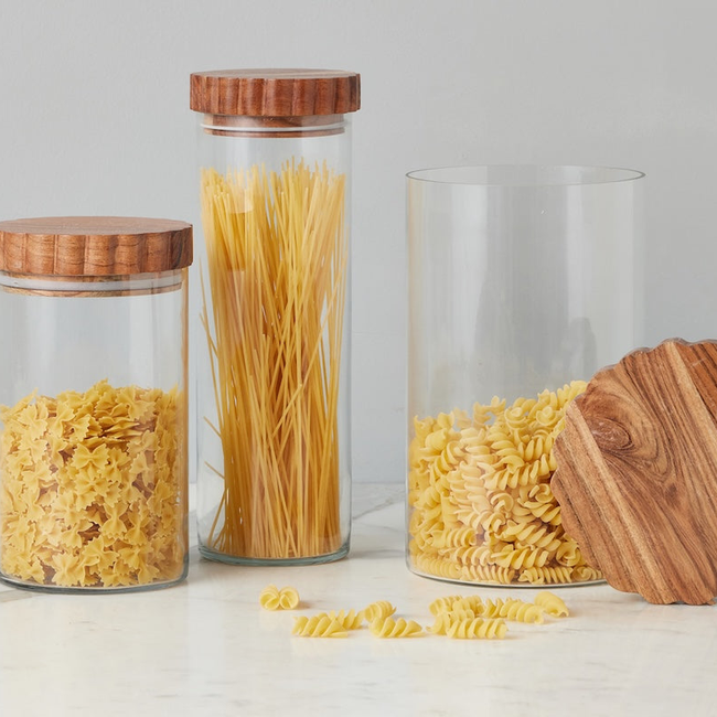 Glass Canister, Scalloped Wood Top, Set of 3-gallery-48035479093441