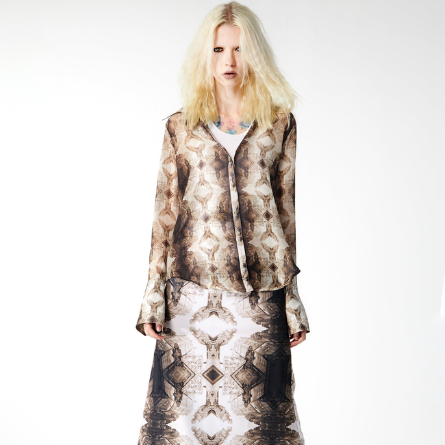 Babs Silk Blouse - Sepia Gargoyles Print Design-gallery-40065991901480