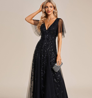 ever ASTRAL|Shimmery Ruffle Sleeves Maxi Sequin Evening Dress