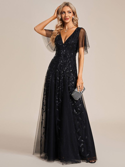 ever ASTRAL|Shimmery Ruffle Sleeves Maxi Sequin Evening Dress