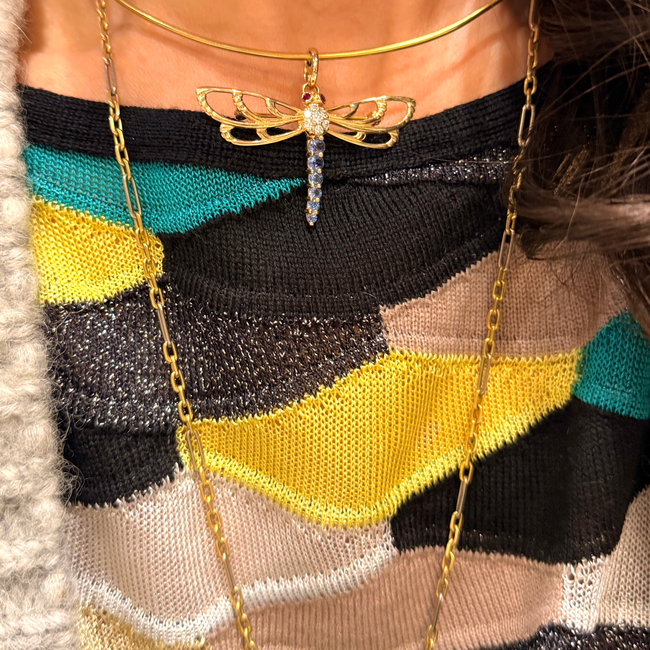 Vintage yellow 14K approx .35 ctw sapphire, ruby and .11 ctw diamond dragonfly pendant pin-gallery-57415871234363