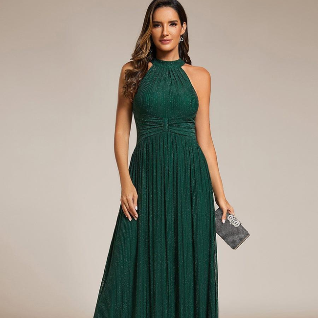 ever EVERLAINE|Halter Neck Pleated Glittery Formal Evening Dress with Empire Waist-gallery-31174986727498